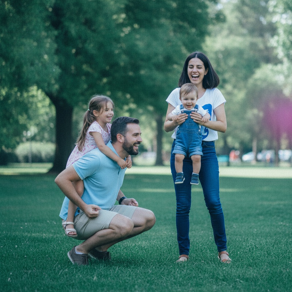 Un padre y una madre jugando con sus hijos en el parque
