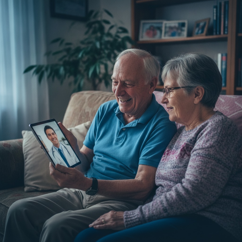Una pareja mayor haciendo una videollamada con su médico desde el sofá de casa